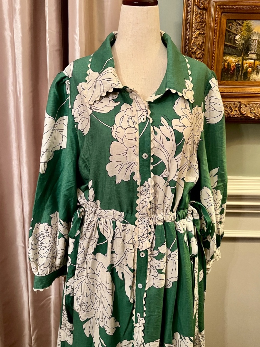 NWT Entro Green Ivory Floral Button Up Meadow Collared Midi Dress Size 1X 1XL - Picture 4 of 5